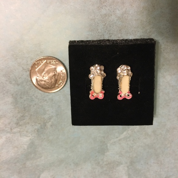 Girls or Adult Ballet Slipper Clear Crystal Rhinestone Pink Bow Enamel Earrings - Picture 7 of 7